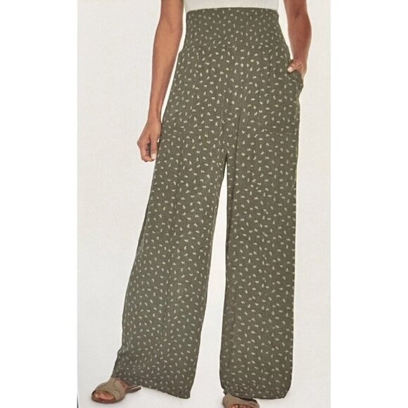Three Dots Sage Green Ditzy Leaf Print High Rise Wide Leg Palazzo Pants Size XL - Picture 1 of 11
